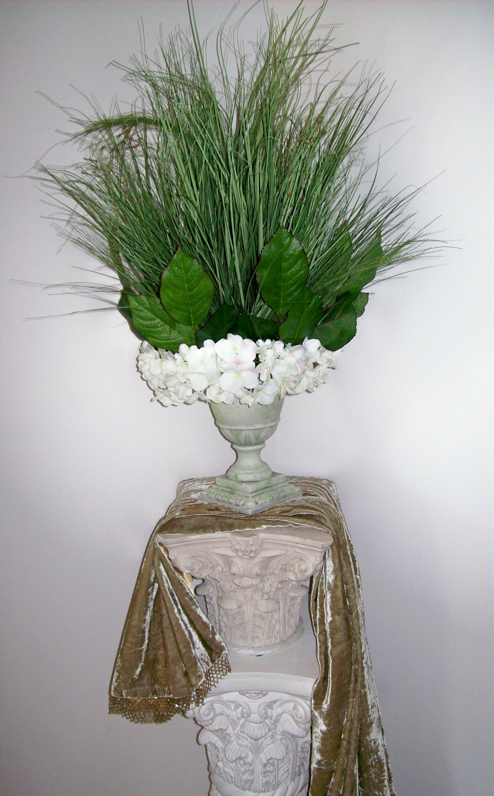 Sophisticated Summer Grasses and Clustered Hydrangea Tiered Centerpiece